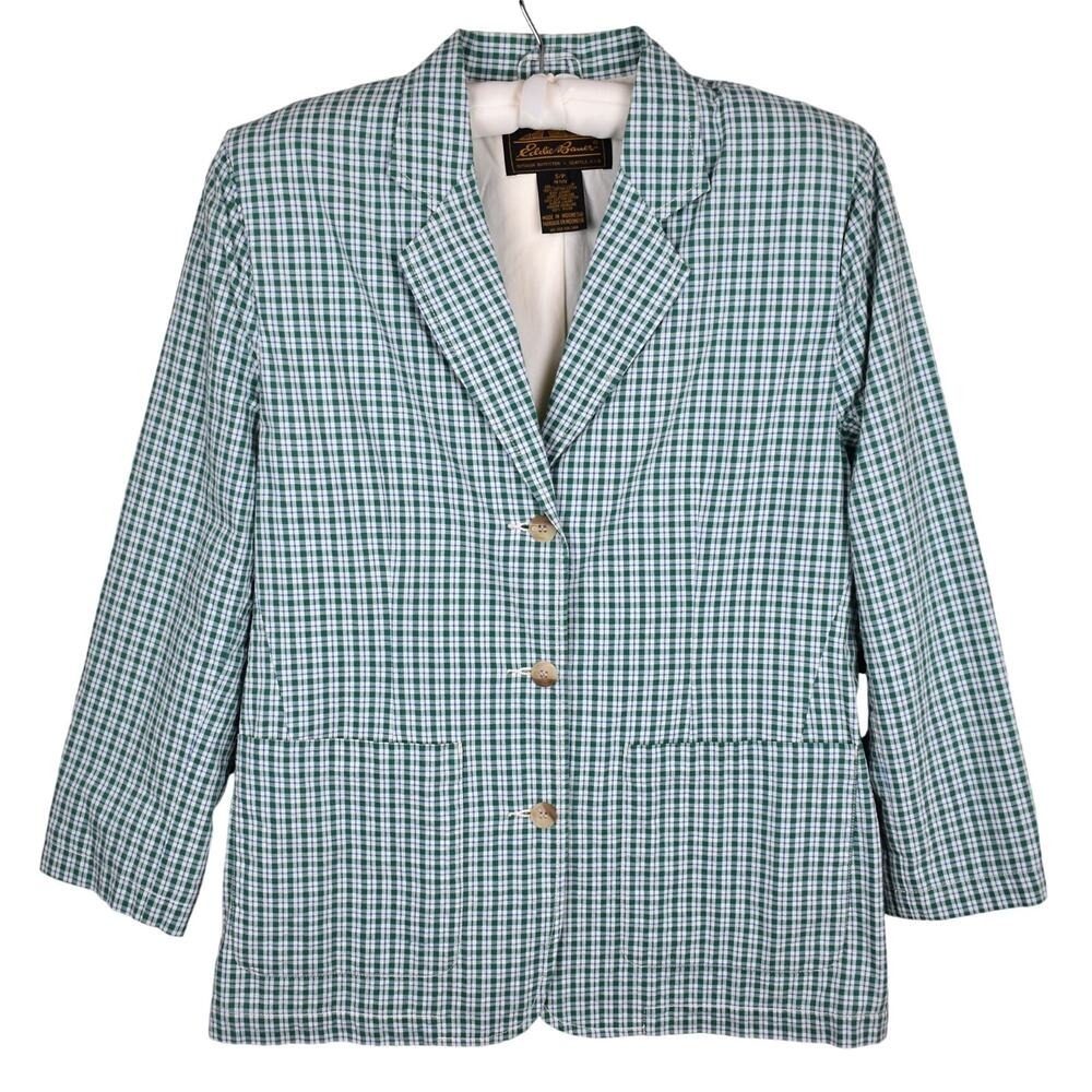 Eddie Bauer Plaid Blazer Jacket Womens PS Small Petite Green VTG 90s Button Coat